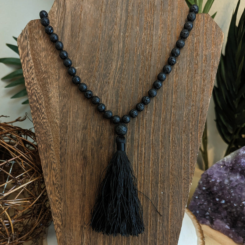 108 Mala Tassel Beaded Necklace (Wrap Bracelet) - Lava Stone
