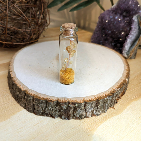 Large Citrine Crystal Storage Jar filled with bright yellow Citrine chips, beautifully repurposed glass container ideal for home storage and decor, known for its healing properties and chakra balancing benefits, perfect for meditation and promoting wealth and prosperity.