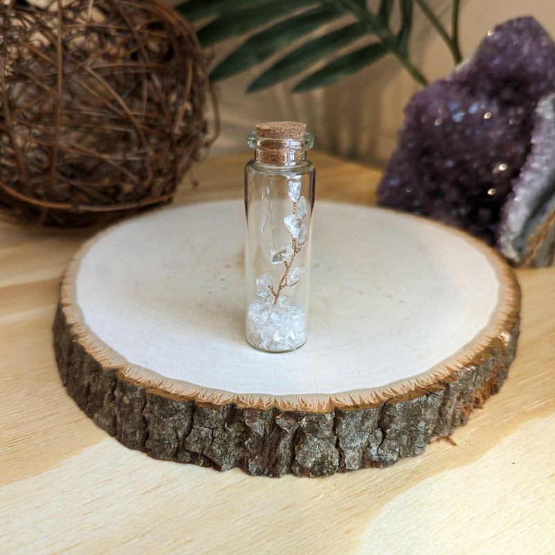 Handcrafted Clear Quartz Crystal Tree in a Jar, a spiritual Feng Shui decor item for home and office, made in India, believed to bring positivity, wealth, and good luck
